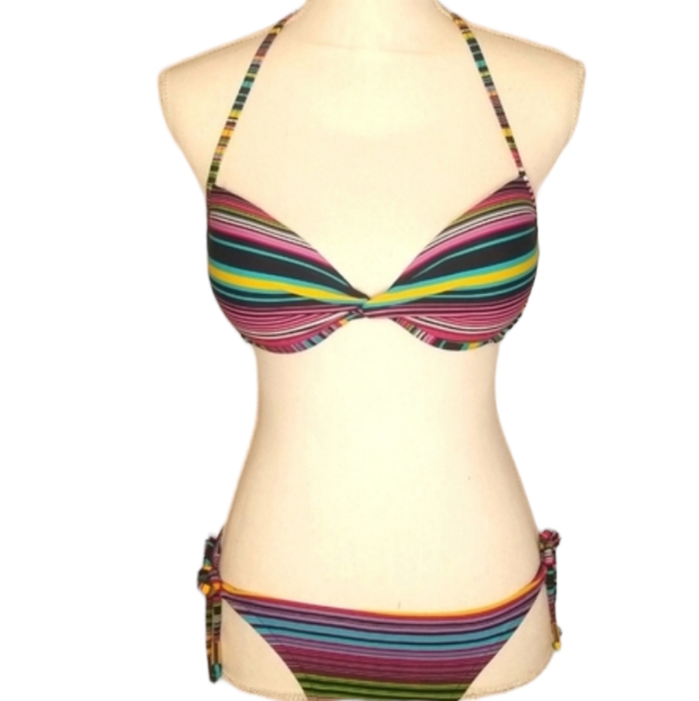 Sz: M Halter Demi Push ip Padded Bikini Top, low rise tie sides bottom